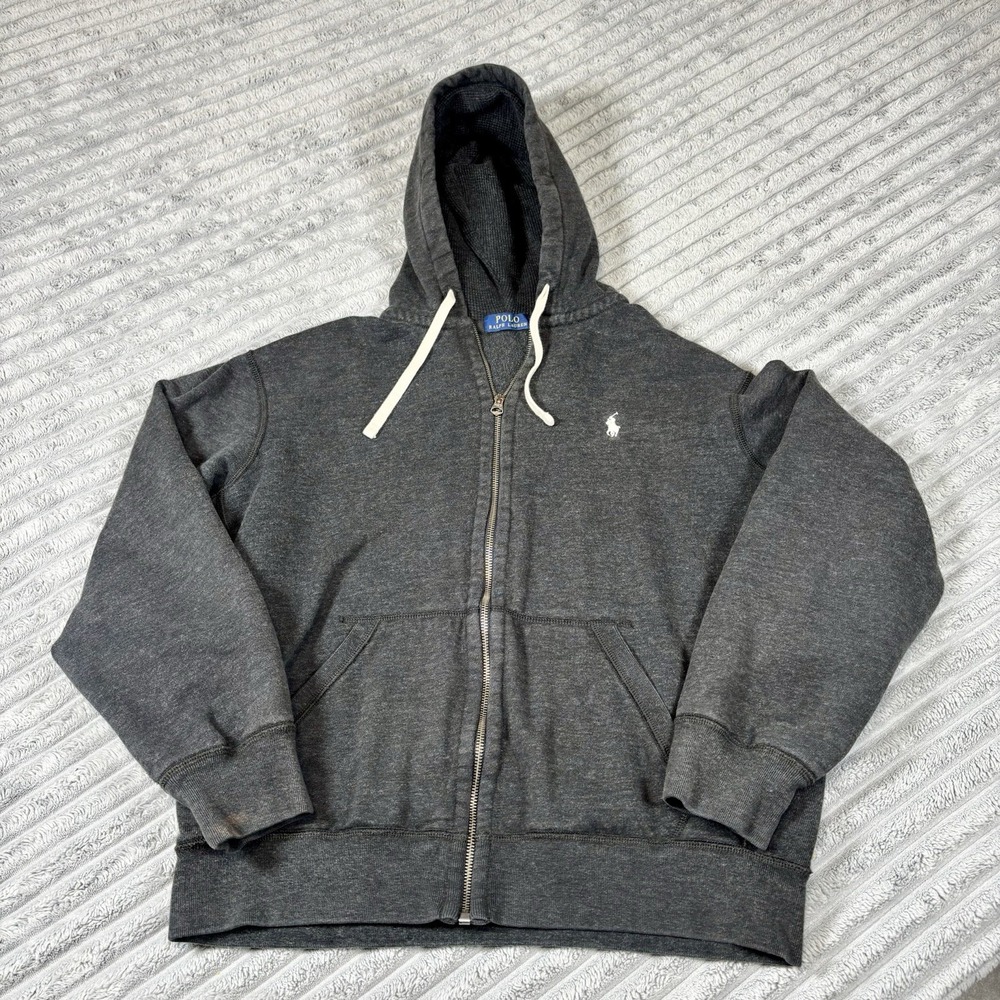 Vintage 90s Ralph Lauren Mens Large Faded Heavyweight Full Zip Hoodie Sweatshirt